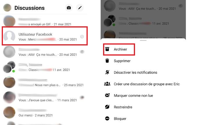 archiver conversation Messenger appareil Android iOS