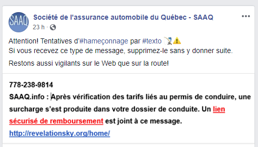 SAAQ Société de l'assurance automobile du Québec avertissement fraude