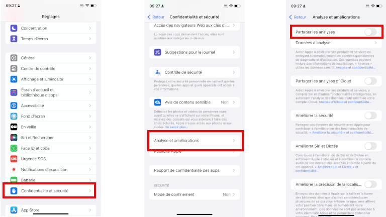 Comment désactiver le partage d'analyse du iPhone.
