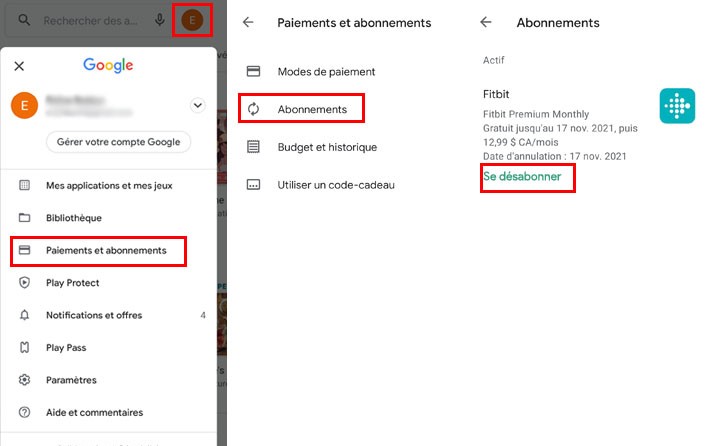 Gestion abonnement Play Store Android applications