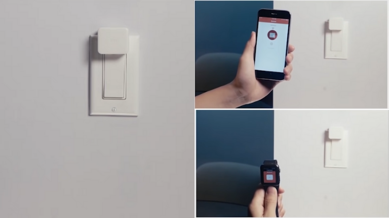 Collé à l'aide d'un simple collant 3M, le Switchbot est contrôlable depuis notre téléphone ou notre montre intelligente. contrôle switchbot téléphone montre intelligente
