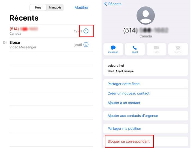 La marche à suivre pour bloquer un numéro de téléphone. étapes 3 et 4 ios14