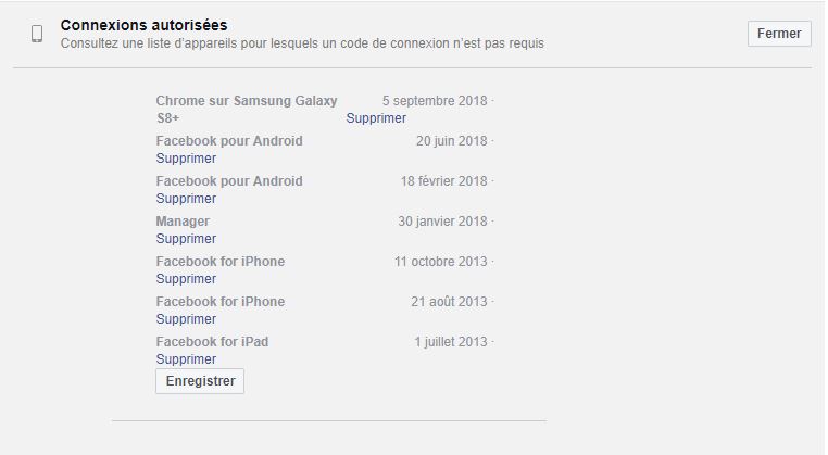 Facebook connexions autorisés appareils