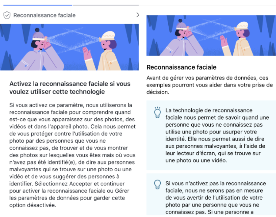 Le message qui apparait sur Facebook pour la reconnaissance faciale Facebook fenêtre reconnaissance faciale