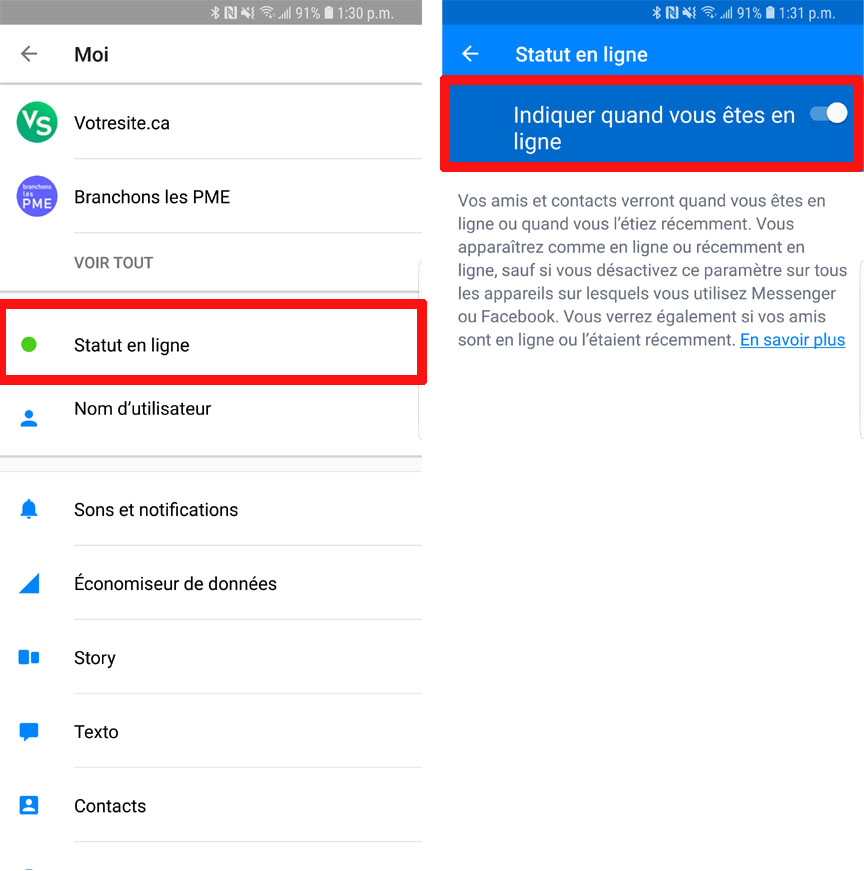 Désactiver statut en ligne Facebook Messenger