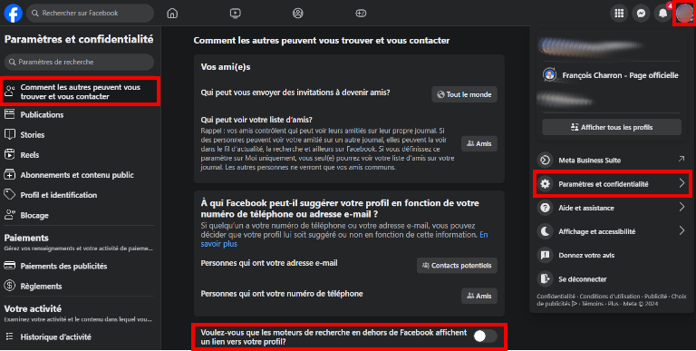 Désactiver profil sur les moteurs de recherche