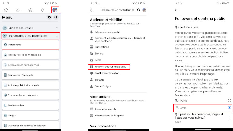 Changer confidentialité suivi Facebook application mobile
