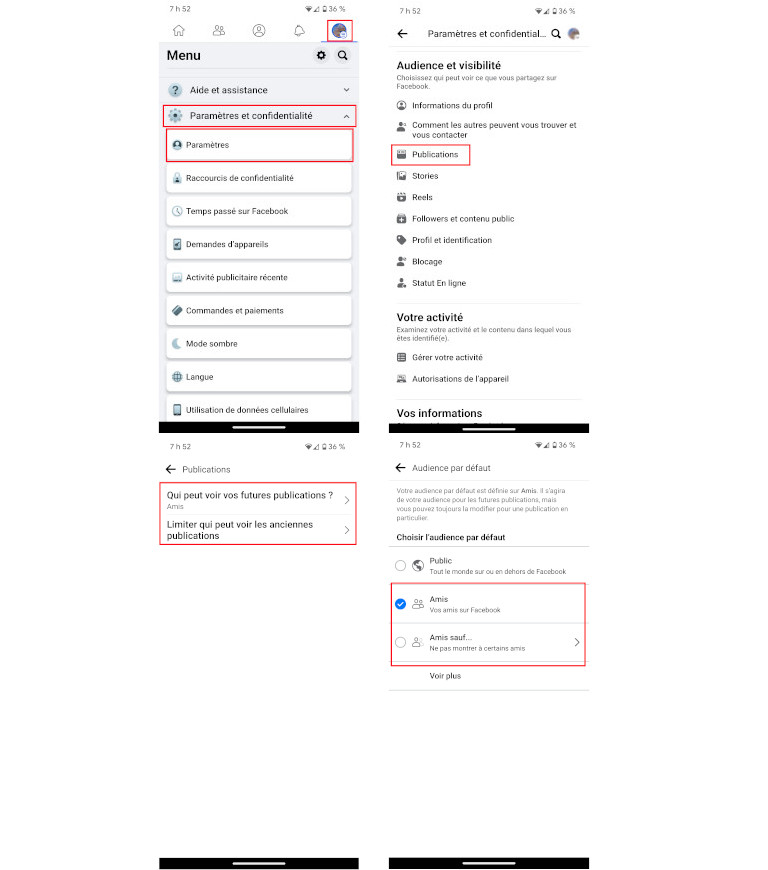 Changer confidentialité publication Facebook application mobile