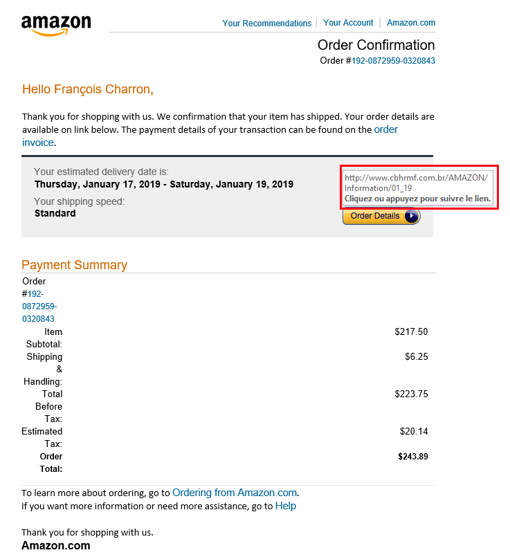 Courriel hameçonnage Amazon