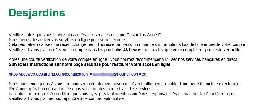 Faux courriel compte suspendu Desjarinds AccesD
