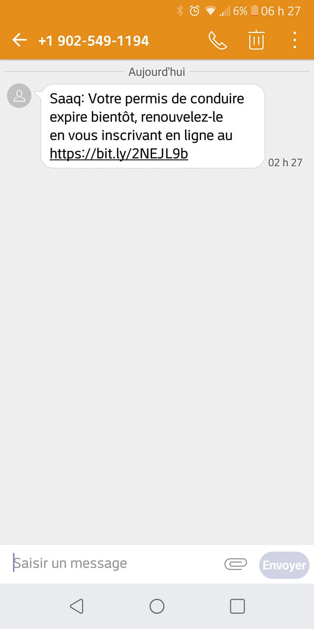 Fraude message texte renouvellement permis de conduire SAAQ