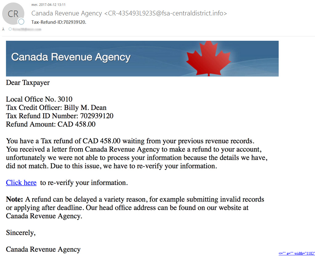 Courriel frauduleux Revenu Canada