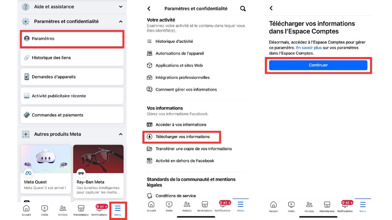 Étapes pour télécharger les informations de notre profil Facebook à partir d'un téléphone intelligent ou d'une tablette Étapes pour télécharger les informations de notre profil Facebook à partir d'un téléphone intelligent ou d'une tablette