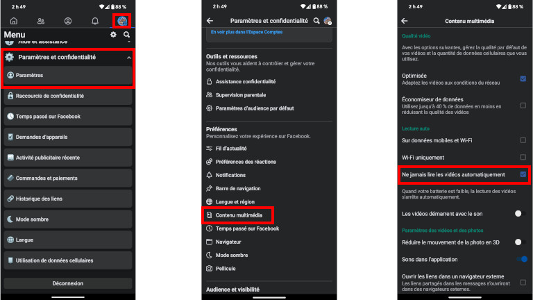 Voici comment désactiver la lecture automatique des vidéos sur un appareil Android. Image: francoischaron.com Désactiver la lecture automatique des vidéos Facebook sur Android.