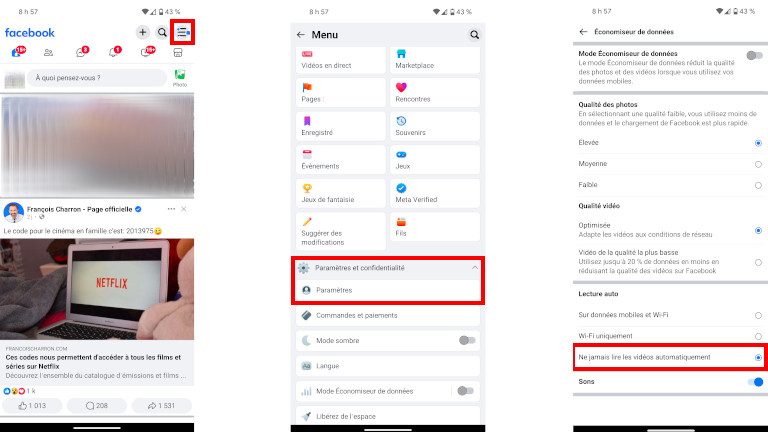 Voici comment désactiver la lecture automatique des vidéos sur Facebook Lite. Image: francoischarron.com Désactiver lecture automatiques des vidéos sur Facebook Lite.
