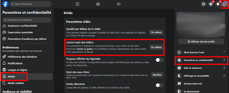 Voici comment désactiver la lecture automatique des vidéos sur un ordinateur. Image: francoischaron.com Désactiver la lecture des vidéos automatiques sur Facebook avec un ordinateur.