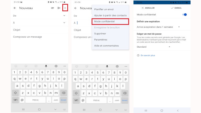 La marche à suivre pour activer le monde confidentiel de l'application Gmail sur téléphone intelligent. téléphone intelligent gmail mode confidentiel autodestruction courriel application